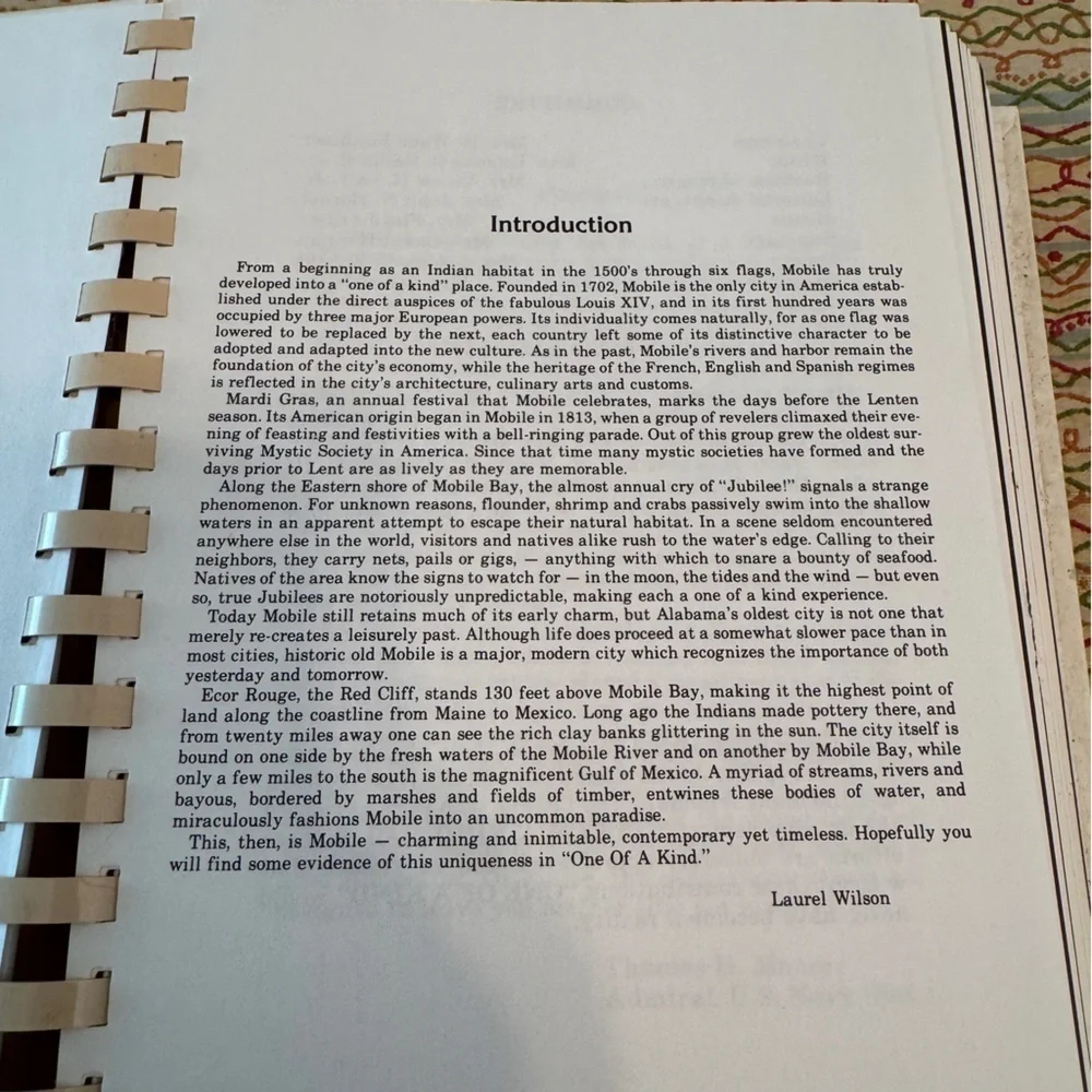 One of a Kind Cookbook from Junior League of Mobile  Spiral Bound